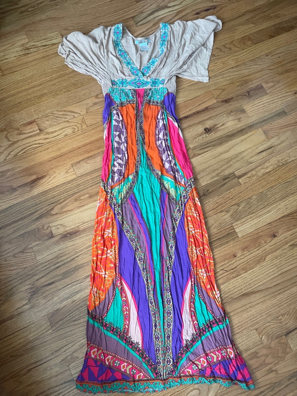 Flying tomato Bohemian Multicolor Maxi Dress with Embroidered V-Neck size small